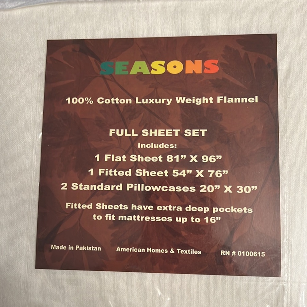 NWT (SEASONS) FULL SHEET SET 100% Cotton Luxury weight Flannel in IVORY color